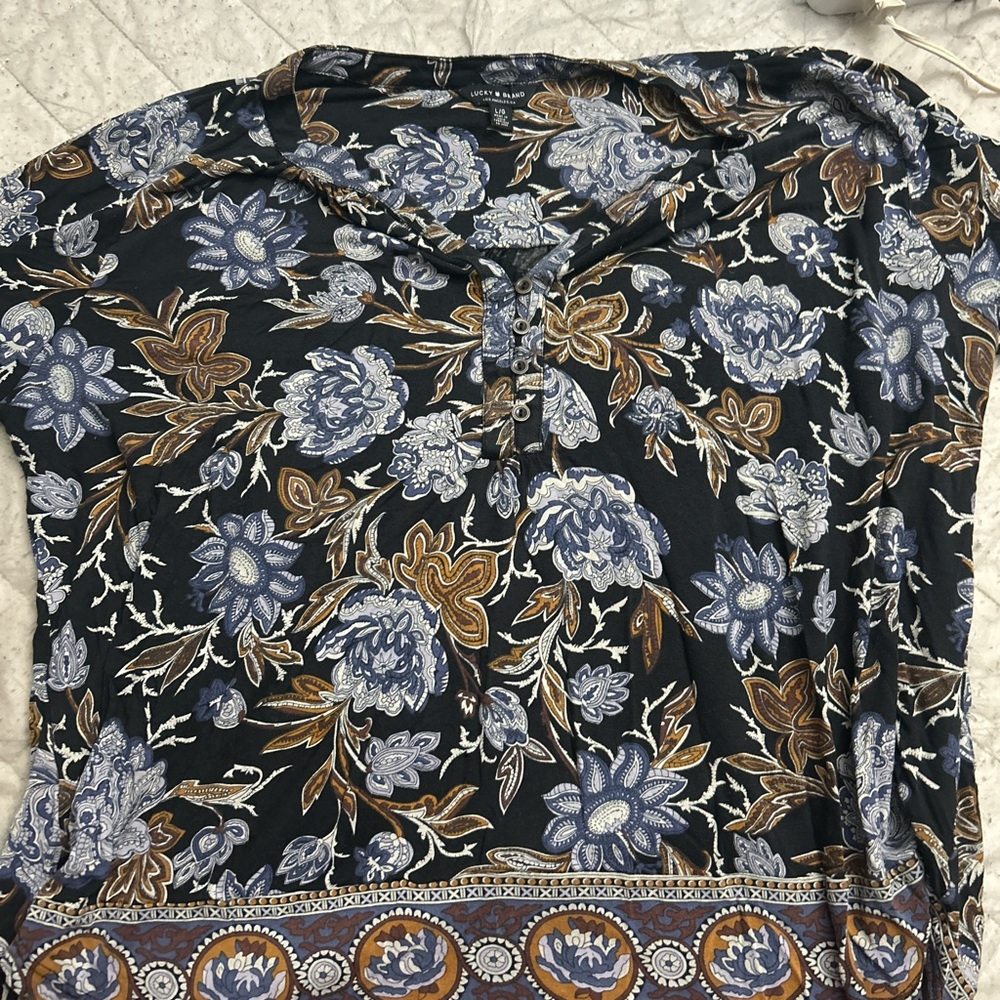 Lucky Brand Black and Blue Graphic Polo Blouse